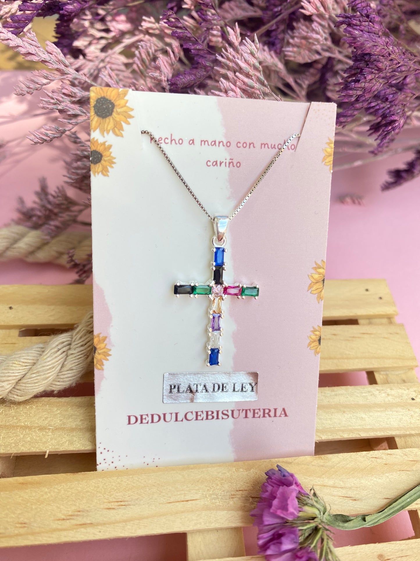 Cruz diamantes colores variados Plata de Ley 925