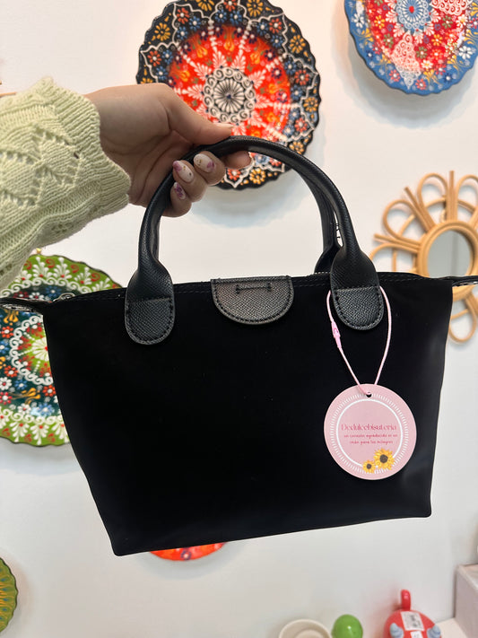Bolso negro polipiel efecto terciopelo y asas de cuero