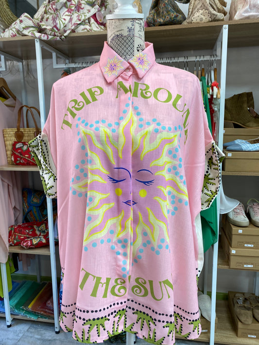 Camisa oversize lino dibujo bohemio